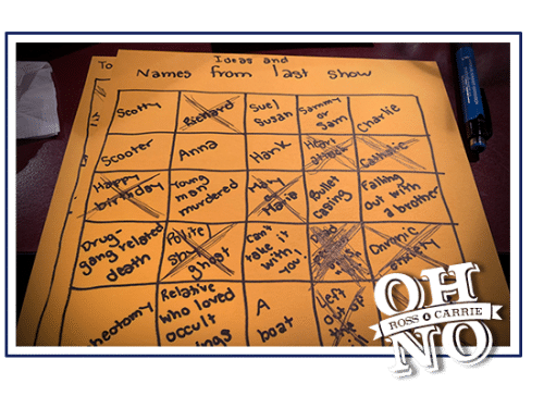 A handwritten bingo board titled "ideas and names from last show"