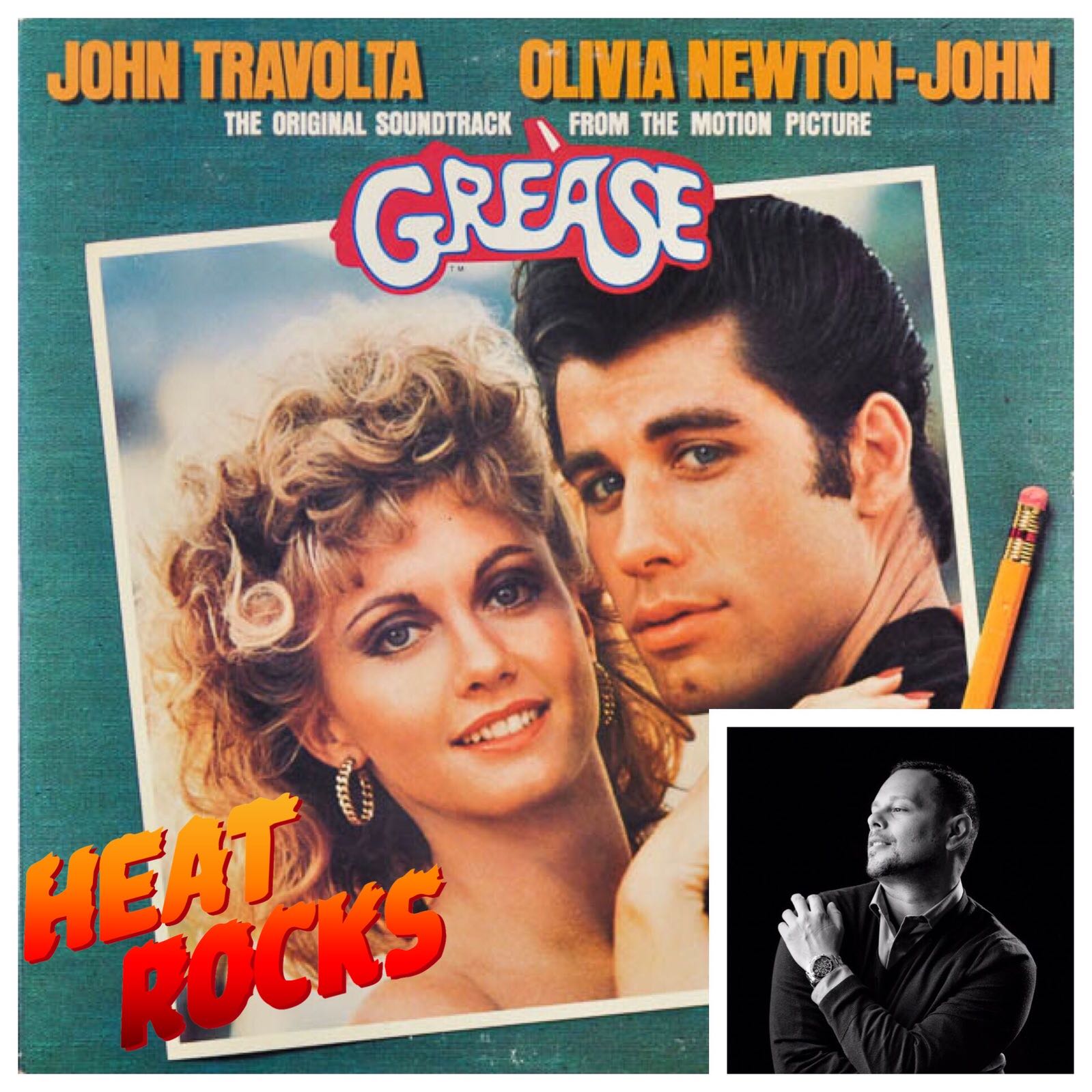 The album art for Grease overlaid with a portrait of Luis Xtravaganza