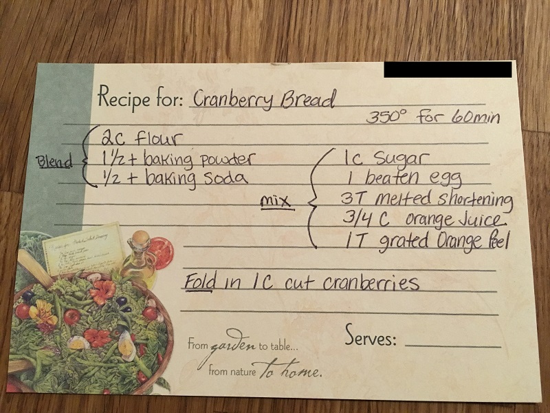 cranberry bread recipe card