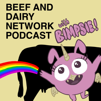 The beef and dairy logo, a cow on a yellow background, with Bimpsie, a pink cartoon character on top