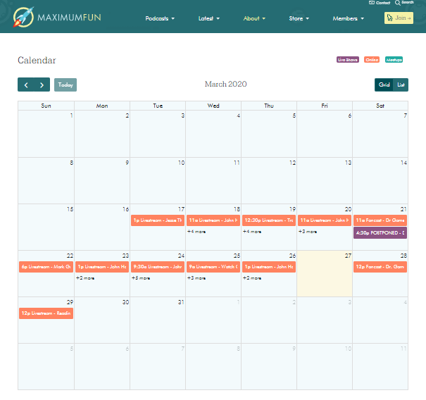 Screenshot of Calendar Page