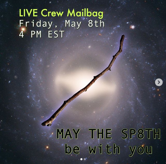 Space background with a stick in the middle and the words "May the Sp8th be with you"