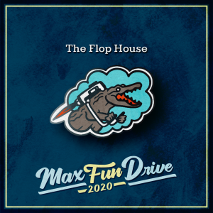 The Flop House. An excited crocodile flying with a jetpack over a blue background.
