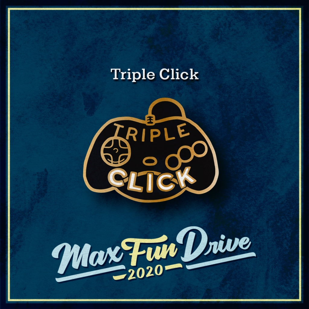 Triple Click. A black video game controller outlined in gold under the words “Triple Click”.