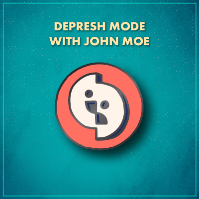 Depresh Mode. A coral-colored circle surrounding a white circle with a purple shadow. Half of the white circle is a happy face; the other half is a sad face that has been shifted downwards.