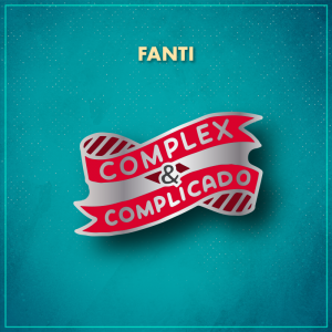 FANTI. A red ribbon in a loose coil that reads "complex & complicado" in silver.