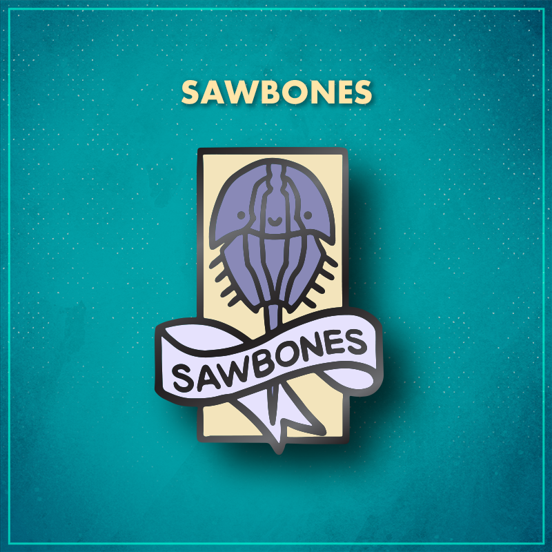 Sawbones. An off-white tall rectangle with a smiling periwinkle horseshoe crab. A white ribbon across the middle reads "Sawbones" in black lettering.