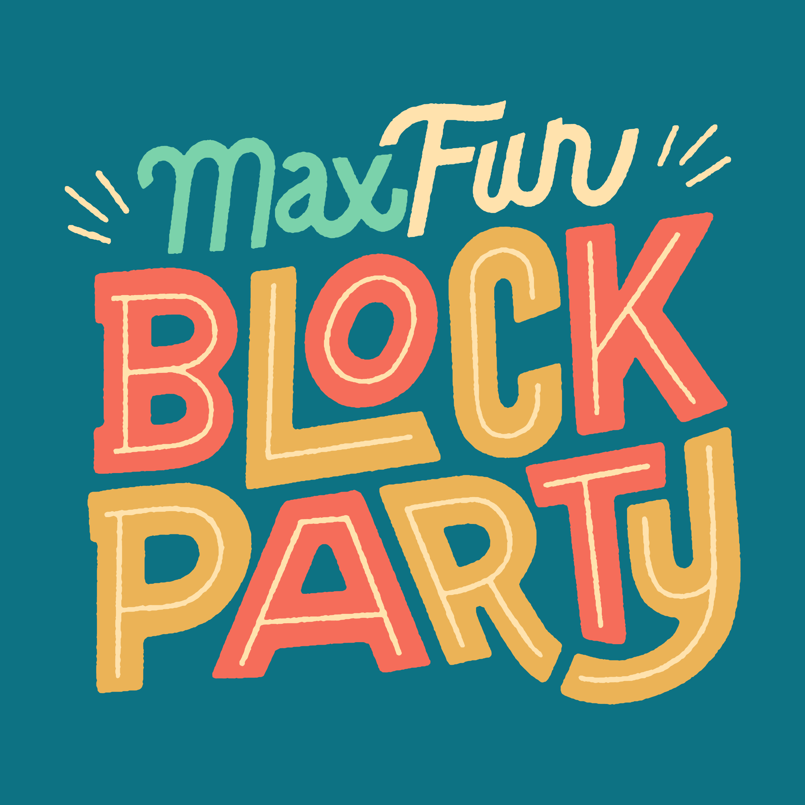 A colorful retro logo that says MaxFun in blue and light yellow and beneath that, Block Party in yellow and orange,