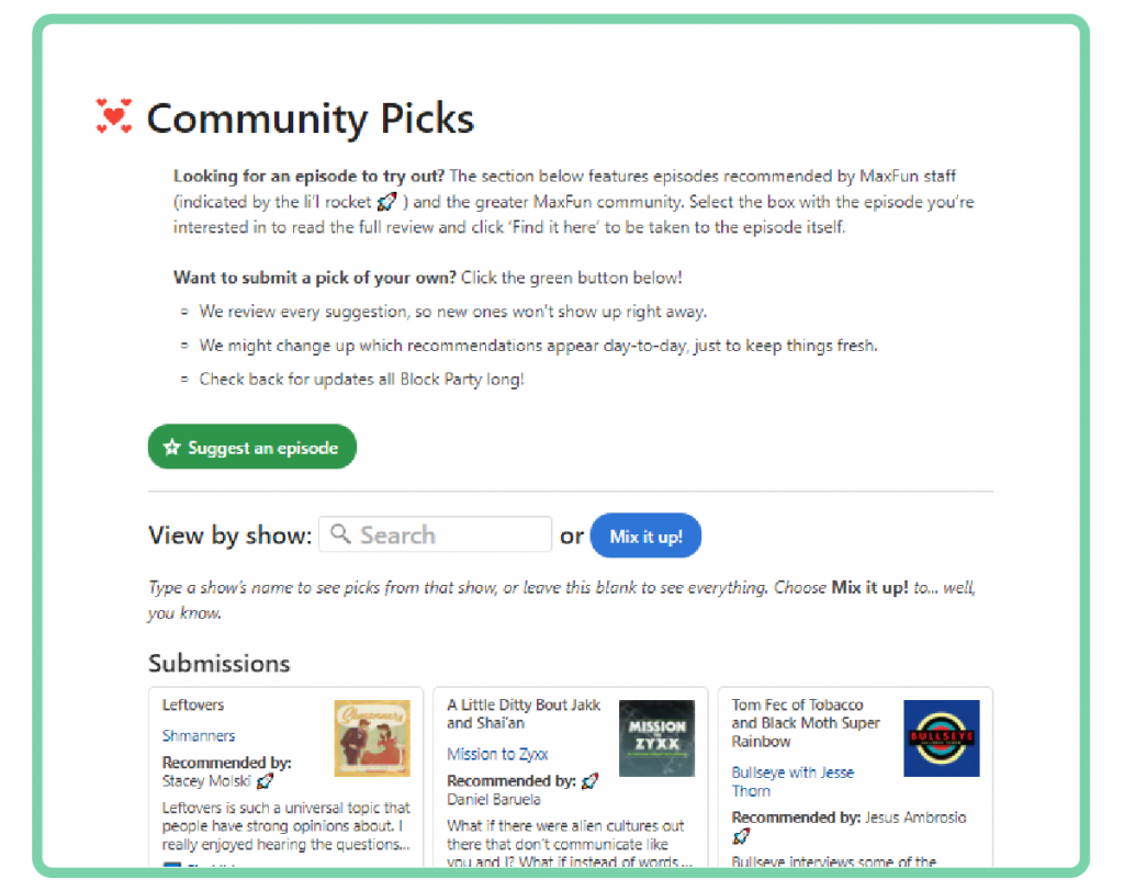 A screenshot of the community picks page