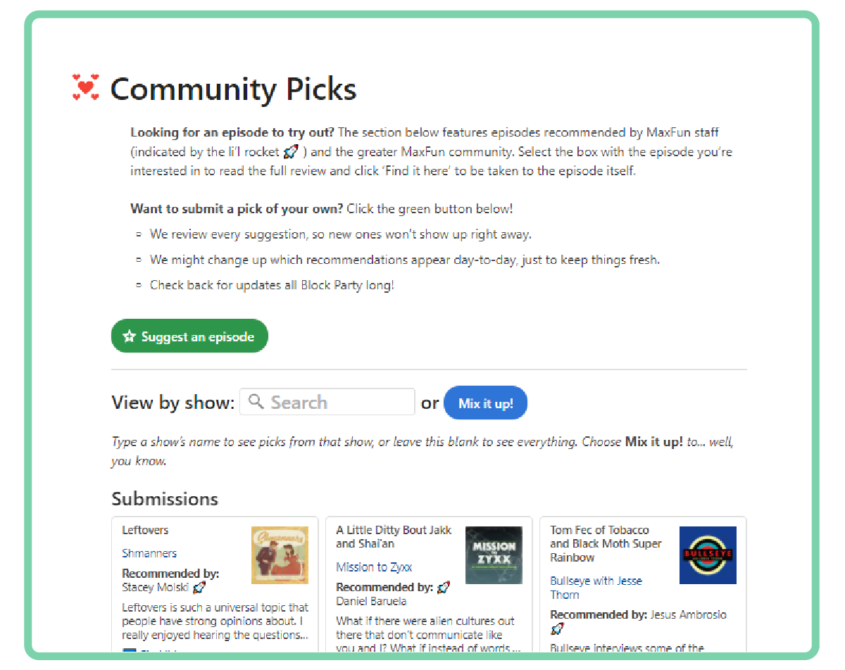 A screenshot of the community picks page