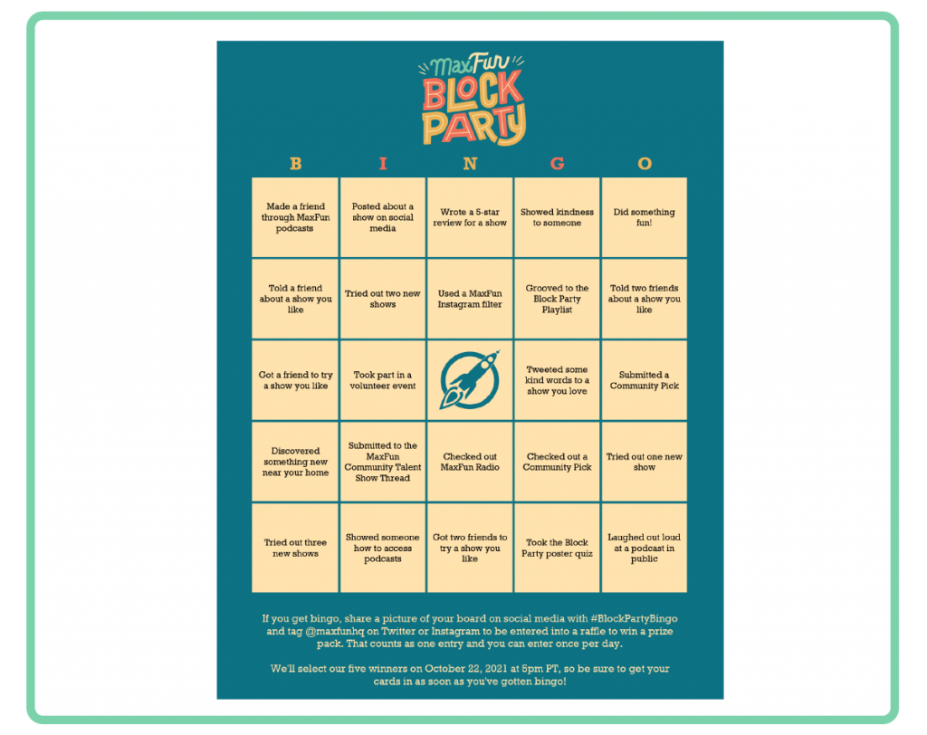 A bingo card with a teal background and light yellow squares filled with text