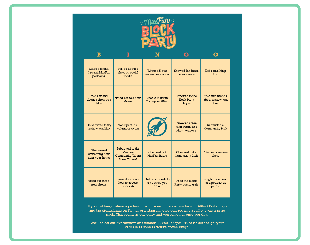 A bingo card with a teal background and light yellow squares filled with text