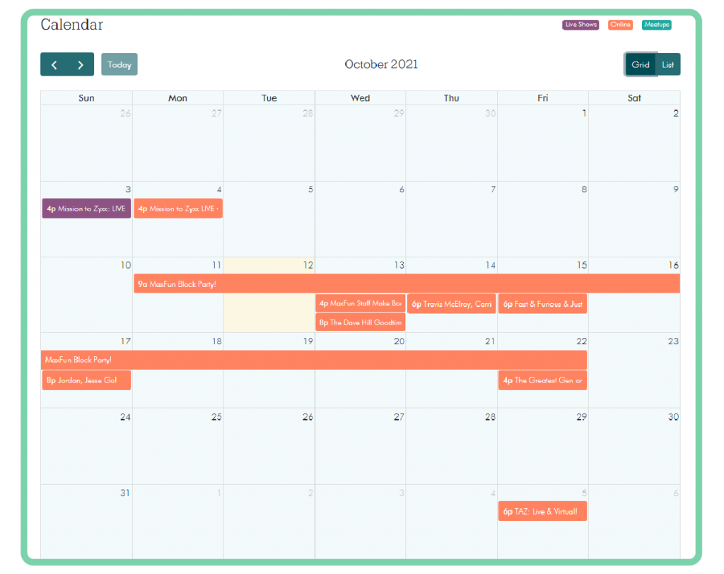 Screenshot of the MaxFun calendar showing the events listed below