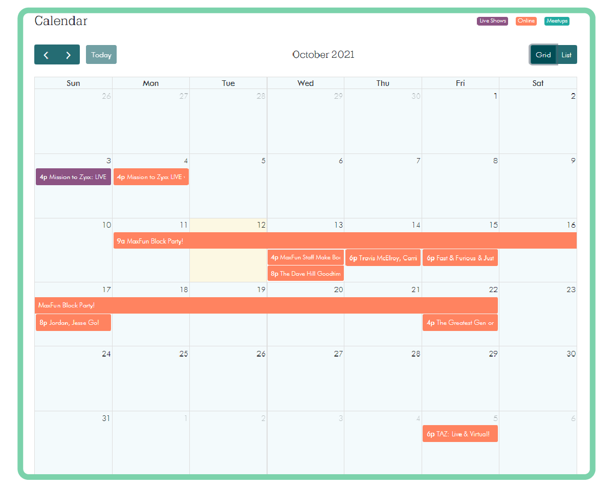 Screenshot of the MaxFun calendar showing the events listed below