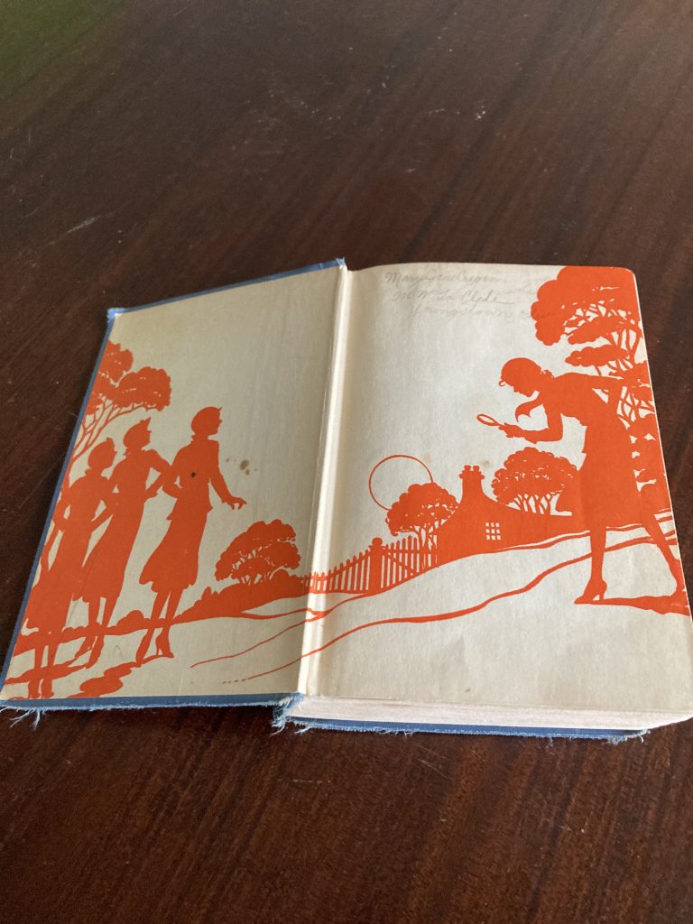 The inside end paper of an old, open book