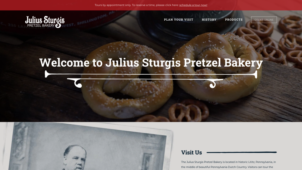 A screenshot of a website for Julius Sturgis Pretzel Bakery