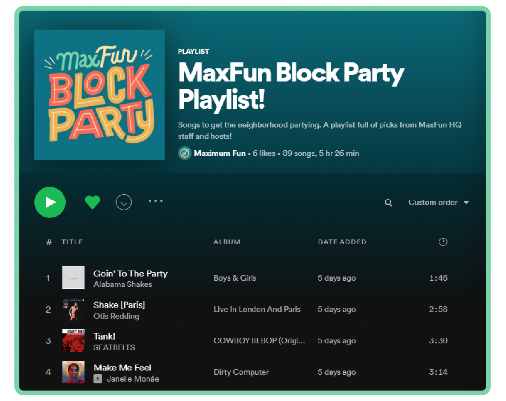 A screenshot of the Block Party Playlist on Spotify