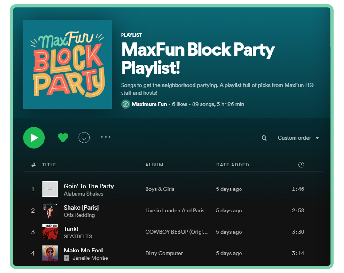 A screenshot of the Block Party Playlist on Spotify