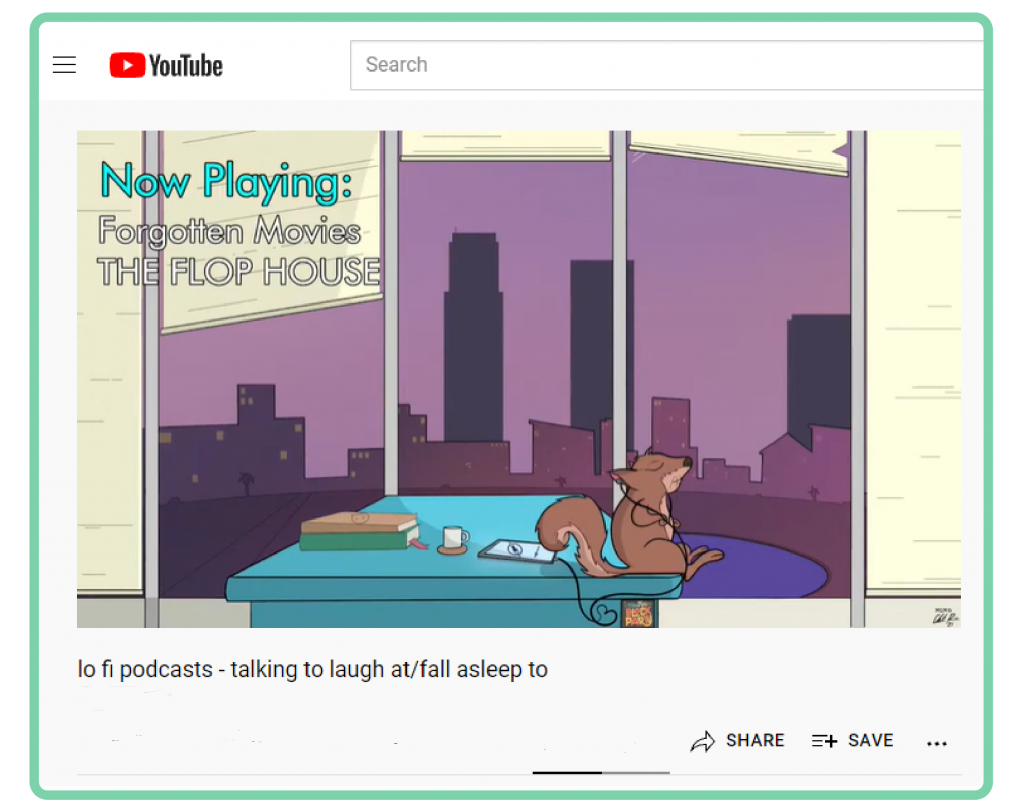 Screenshot of MaxFun's YouTube page which shows an illustration of a squirrel sitting on a desk at MaxFunHQ with the blinds open to reveal a city at dusk
