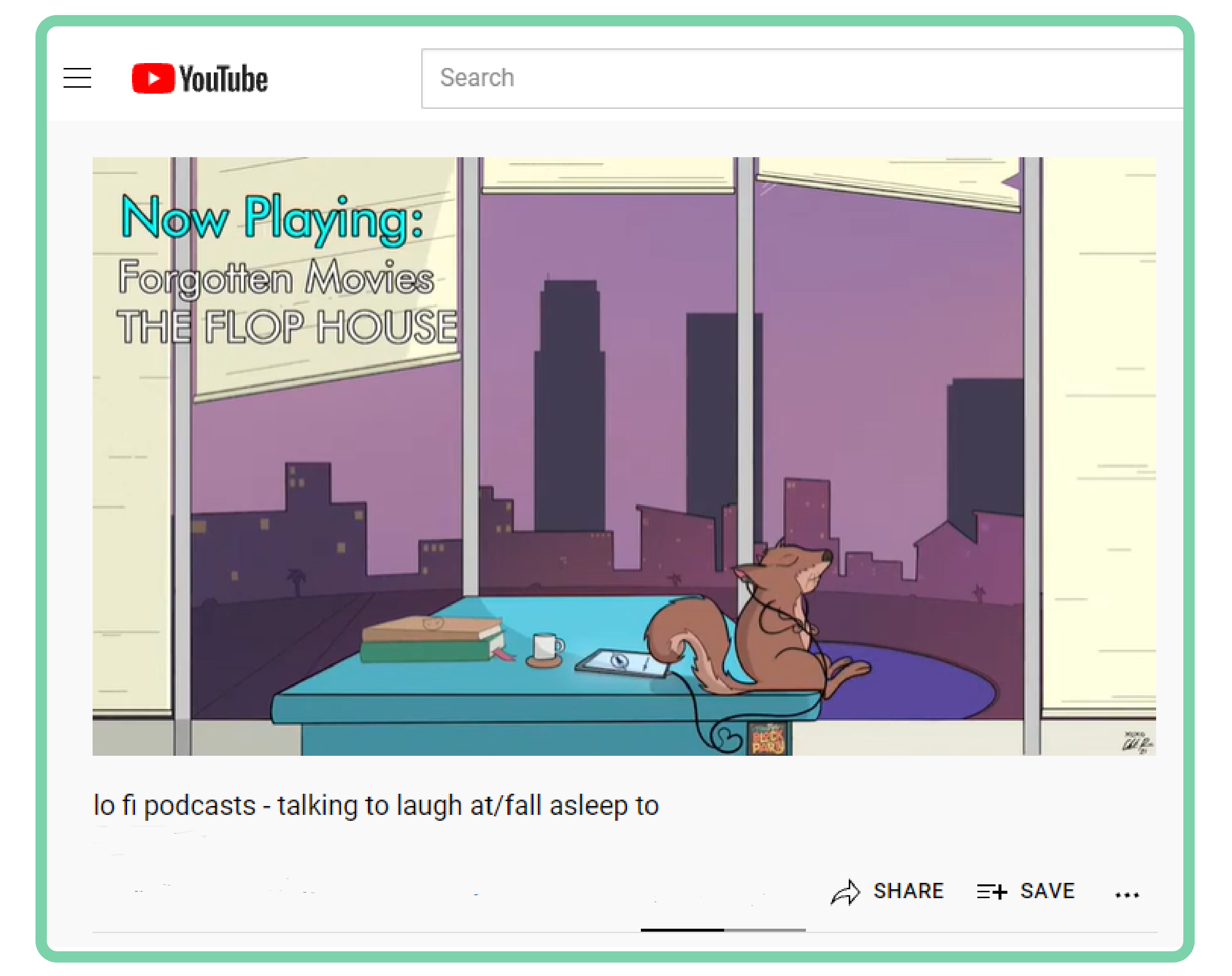 Screenshot of MaxFun's YouTube page which shows an illustration of a squirrel sitting on a desk at MaxFunHQ with the blinds open to reveal a city at dusk