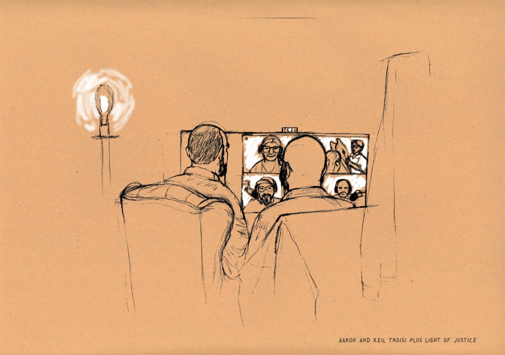 A courtroom style sketch of the back of two men sitting in chairs in front of a monitor displaying a Zoom video conference