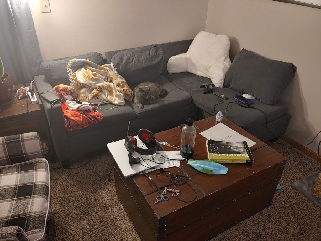 The sofa area with no people in the photo. A husband pillow is in the corner, and there are a couple throw blankets. There are headsets, a book, a face mask, soda stream bottle, and other items on the coffee table.