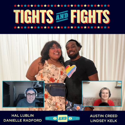 Austin Creed and Danielle Radford at Max Fun HQ. Hal Lublin and Lindsey Kelk are in Zoom windows. The Tights and Fights logo is at the top.