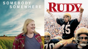 bridget everett on the poster for the new HBO Show, Somebody Somewhere, faces Rudy on the the Rudy movie poster