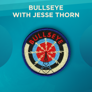 Bullseye with Jesse Thorn. A background of dark blue, white, black, light blue and red circles, with the word BULLSEYE in red. In the foreground, a radio tower radiates electric bolts.
