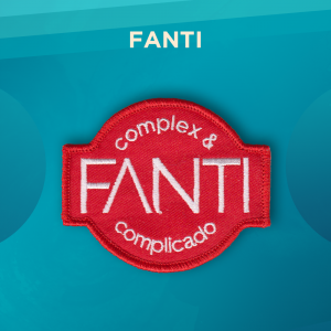 FANTI. A round red patch which reads “complex & complicado” around the edges and FANTI in the center, extending beyond the edges of the patch. All lettering is white.