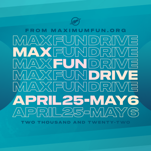 MaxFunDrive logo. Retro looking. Teal background with the words MaxFunDrive repeating in white or outlined in white