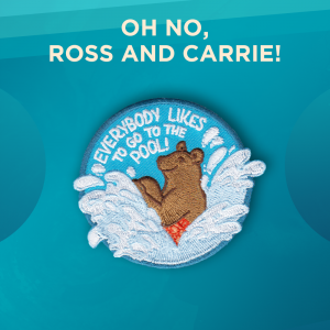 Oh No, Ross and Carrie! A smiling brown bear splashes in water. The background is light blue, and white lettering says “Everybody likes to go to the pool!”