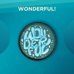 Wonderful! A teal green background with colorful confetti and the word Wonderful in overlapping blue bubbly letters.