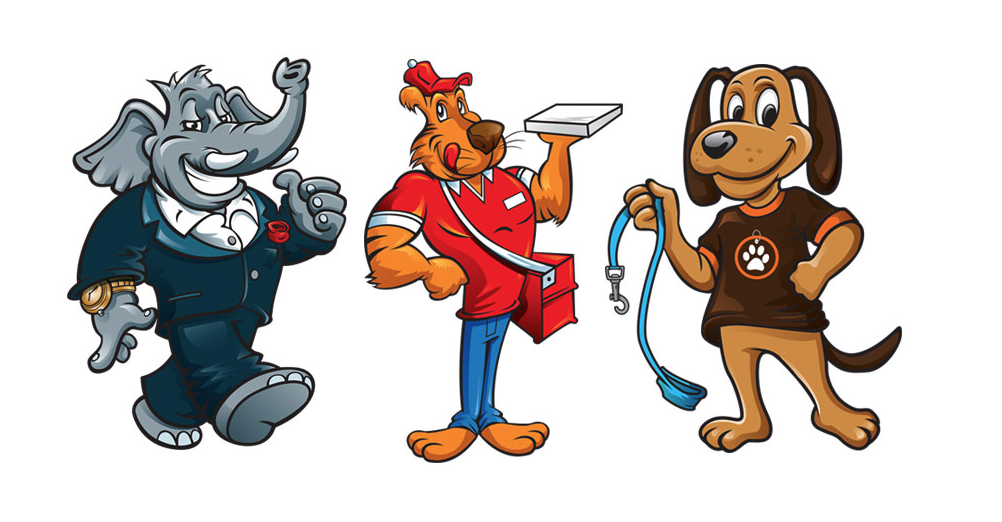 Stock style illustrations of mascots. From left to right: an elephant wearing a suit and gold watch, a tiger delivering a pizza, a dog holding a leash