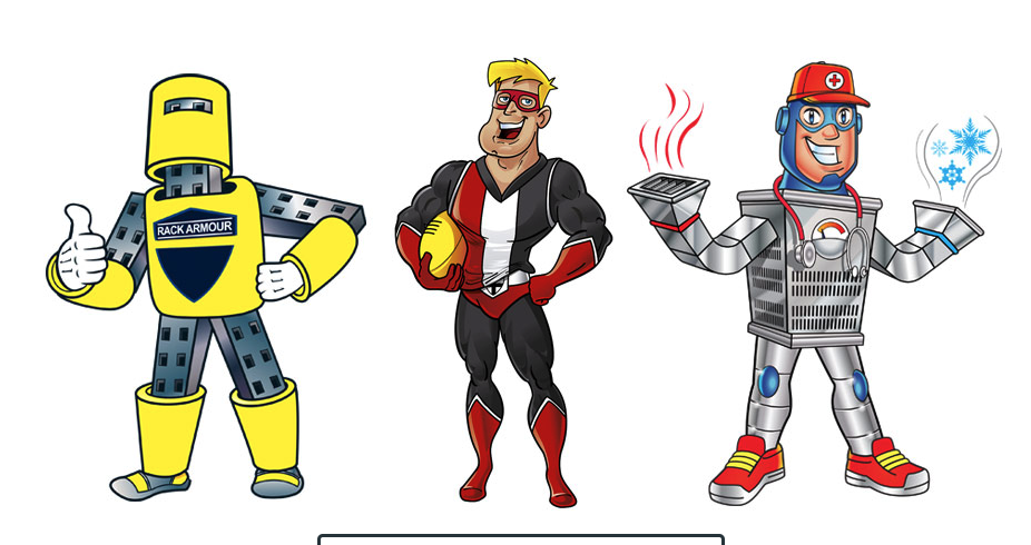 Stock style illustrations of mascots. From left to right: a yellow robot, a superhero with a yellow football, a man in a robot suit with a stethoscope around his neck and heating and cooling vents for either hand.