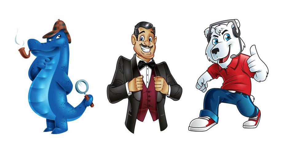 Stock style illustrations of mascots. From left to right: a dinosaur with pipe, detective hat and magnifying glass; A fancy mustached gentleman; a polar bear wearing a red shirt, jeans and sneakers, and headphones giving a thumbs up
