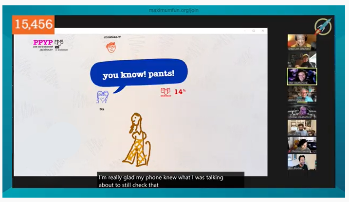 A screenshot of a drawing of a person with a cane and plaid pants with a text bubble that says 'you know. pants?'. On the right are thumbnails of videos of MaxFun hosts. 