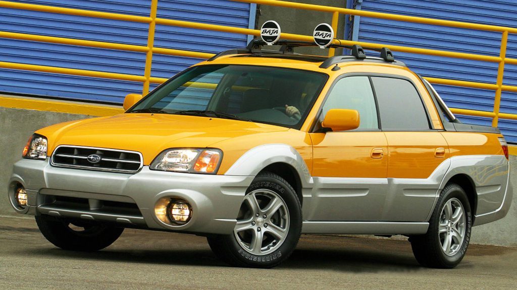 A yellow Subaru Baja