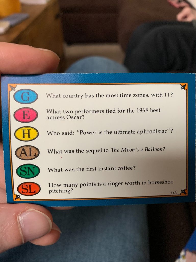 A Trivial Pursuit Card with the following questions: G. What country has the most time zones, with 11? / E. What two performers tied for the 1968 best actress Oscar? / H. Who said: 