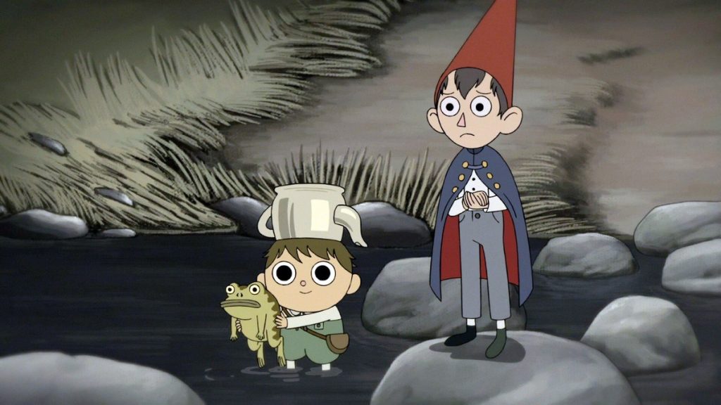 A scene from the animated show Over the Garden wall featuring a short character with a teapot on his head and a taller character with a red gnome hat and cape