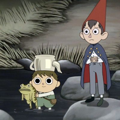 A scene from the animated show Over the Garden wall featuring a short character with a teapot on his head and a taller character with a red gnome hat and cape