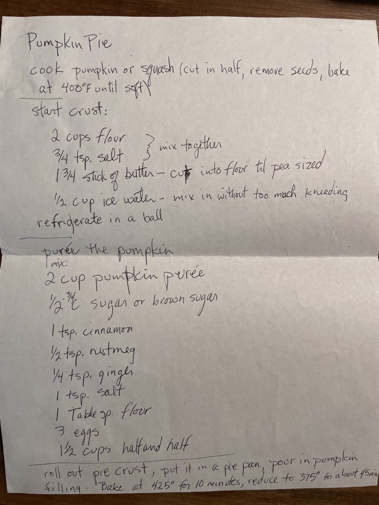 a hand written recipe for pumpkin pie which mentions the use of butternut squash instead of pumpkin