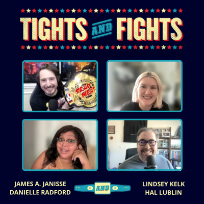 James A. Janisse, Lindsey Kelk, Danielle Radford and Hal Lublin facing the camera in zoom windows. The Tights and Fights logo is above them with their names below. Jams is holding up a wrestling championship title with the words of his channel "Dead Meat" on it.