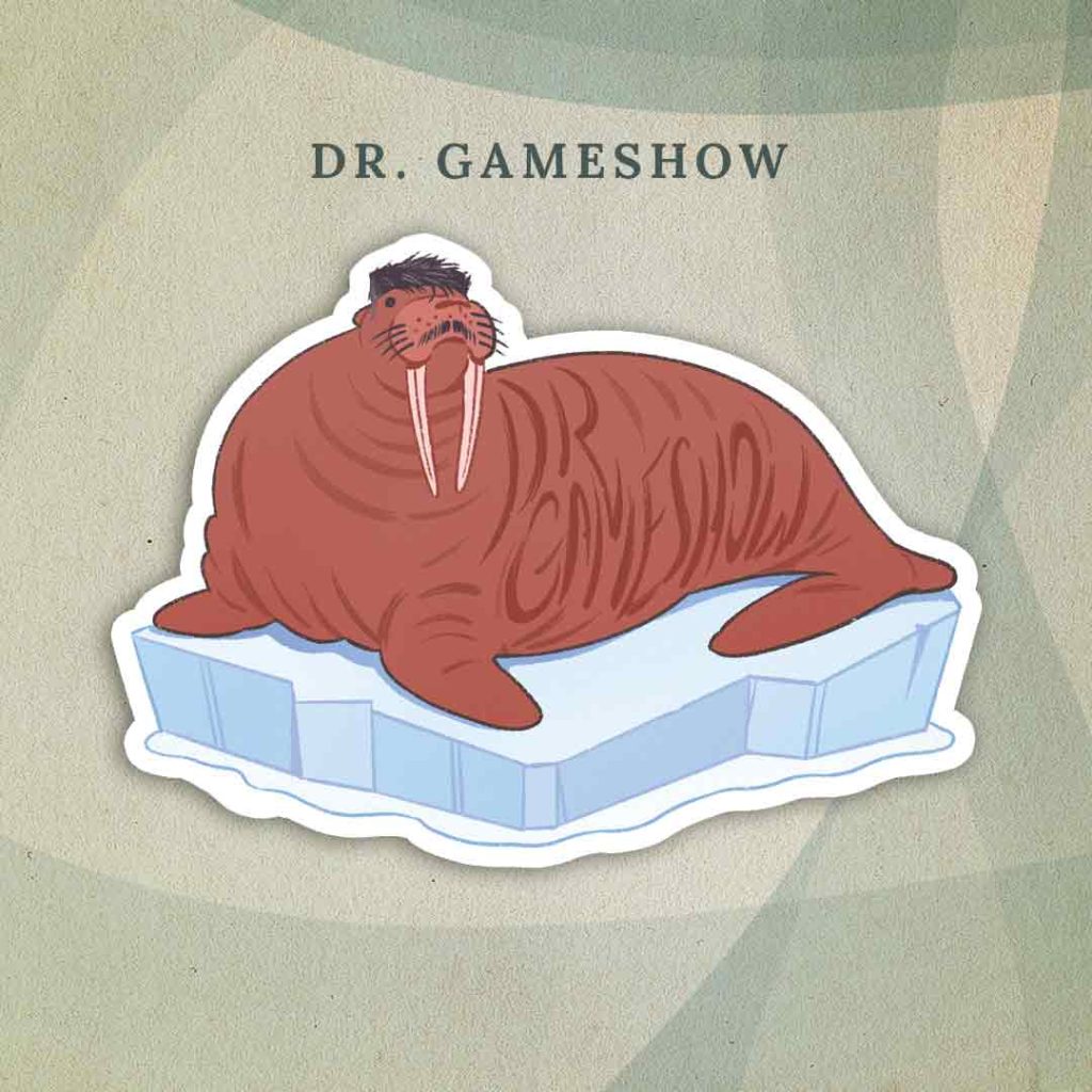 Dr. Gameshow: Manolo Moreno drawn as a walrus with short black hair and a mustache, sitting on a block of ice. The words “Dr. Gameshow” are drawn in wrinkles on his skin.