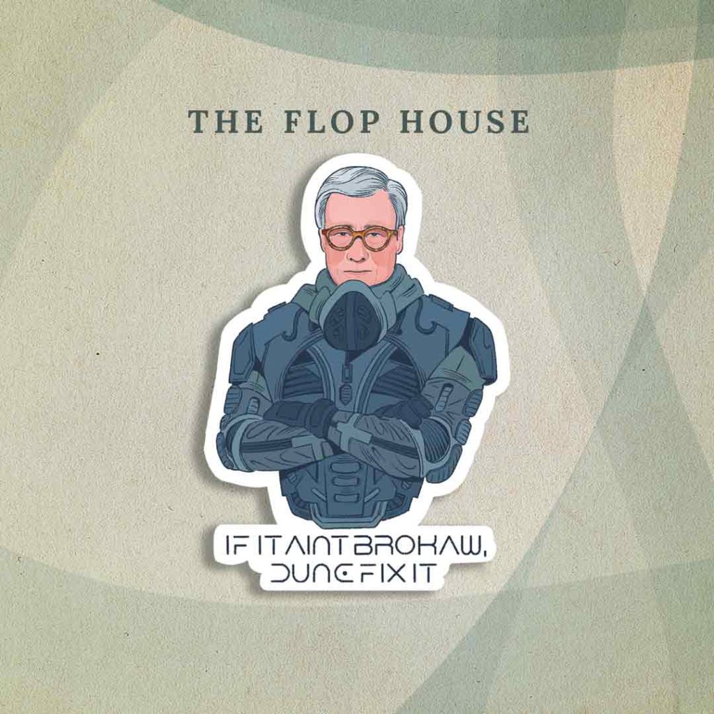 The Flop House: Retired American network journalist Tom Brokaw in a mechanical stillsuit as shown in the 2021 movie Dune. Beneath him, the words “If it ain’t Brokaw, Dune fix it” are written in the same font used on the Dune poster.
