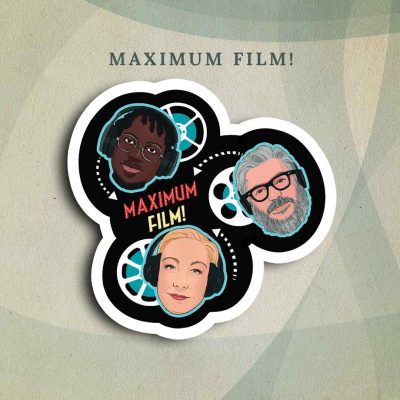 Maximum Film!: Illustrations of Ify Nwadiwe, Drea Clark, and Alonso Duralde, all wearing headphones as if they’re mid-recording. The film reels from the show cover art are behind them, and the text “Maximum Film!” is shown between them in red and yellow text.