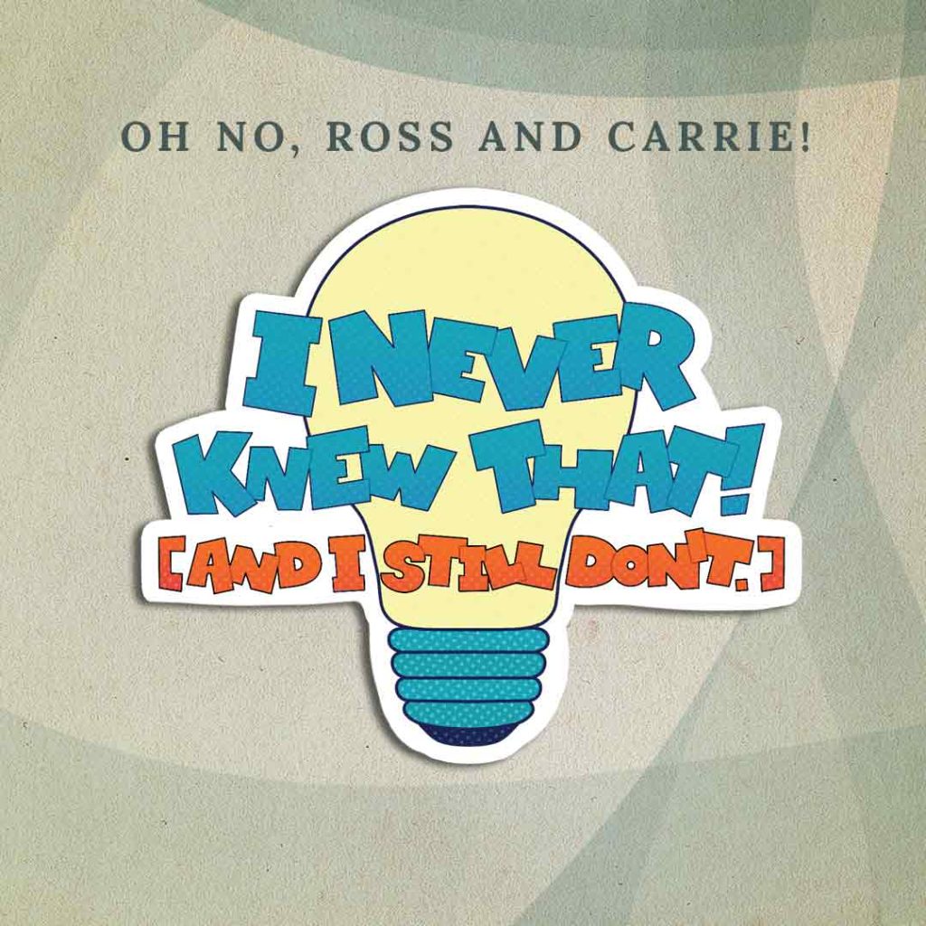 Oh No, Ross and Carrie!: A lightbulb illustrated with Ben Day dots as if it’s from an old comic. Over the lightbulb are the words “I never knew that! (And I still don’t.)” in blue and orange text that also features subtle dots.