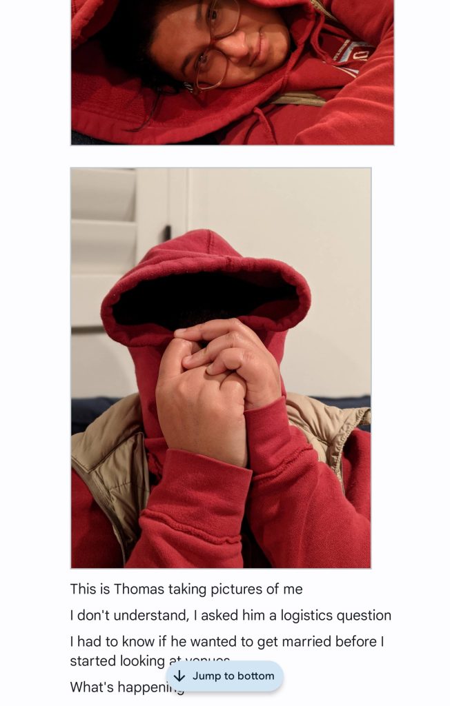 A screenshot of a group chat. It shows two photos of a woman in a red hoodie, with the hood up. The first photo shows her lying on her right side, facing the camera. The second shows her with her hands covering her face. Below, the text says: 