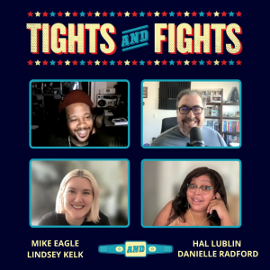 Mike Eagle, Hal Lublin, Lindsey Kelk and Danielle Radford in their respective zoom windows. They're surrounded by a blue frame with the words "Tights and Fights" in a styled font along the top.