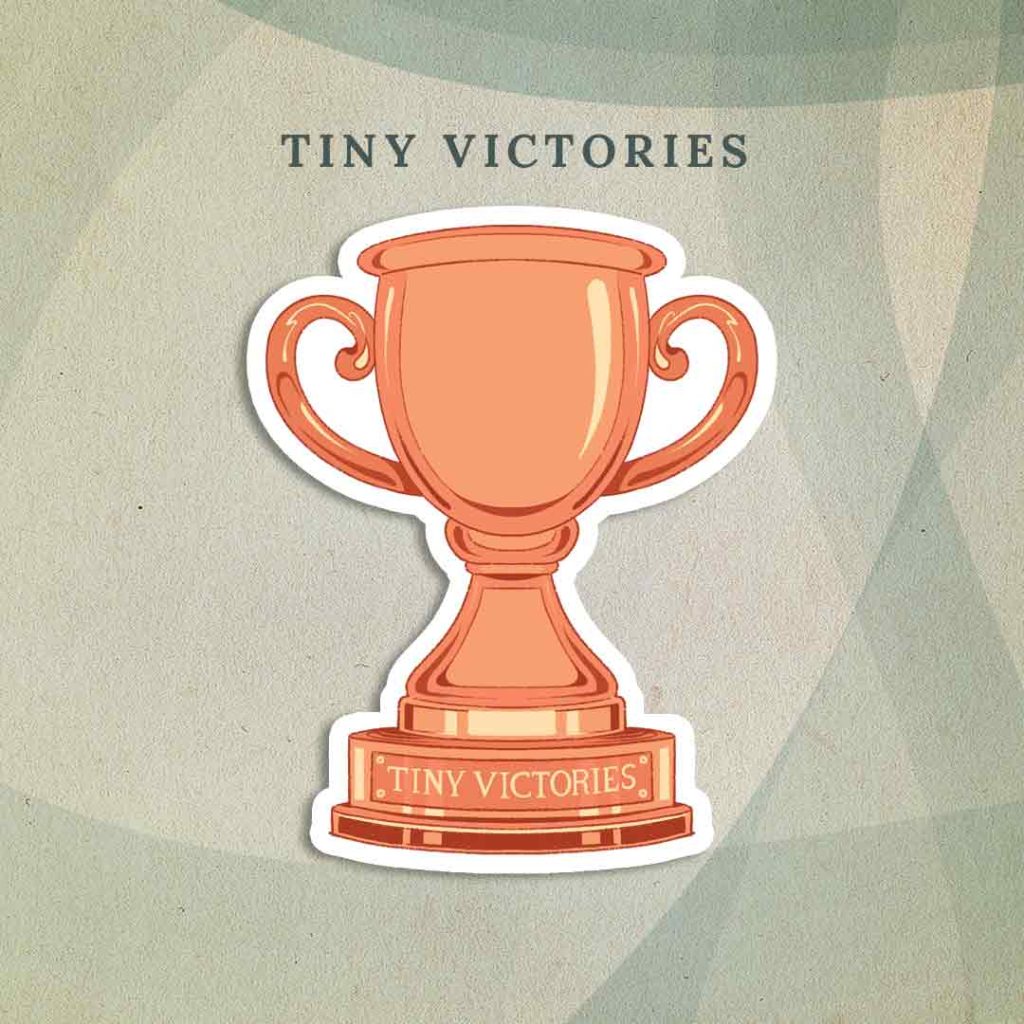 Tiny Victories: A warm gold trophy with the words “Tiny Victories” engraved on the stand.
